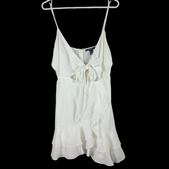 Forever 21 Mini Dress Womens L White Tie Front Ruffle Boho Coquette Summer NWT - Picture 1 of 16